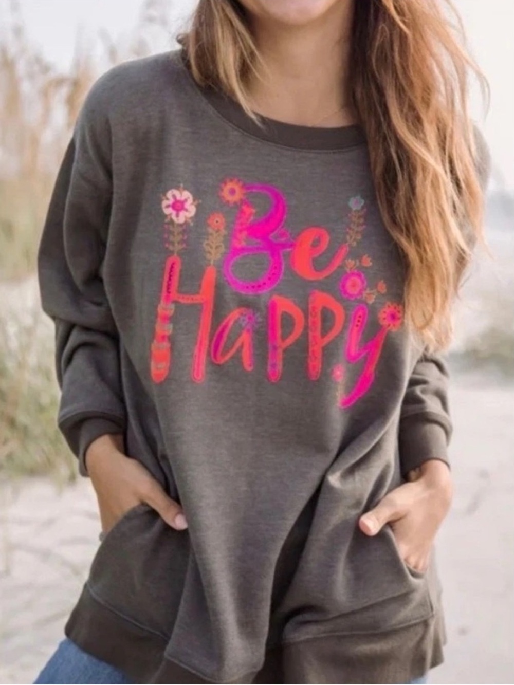 NATURAL LIFE Olive Crewneck Sweater with Pink & Coral 'Be Happy' Graphic